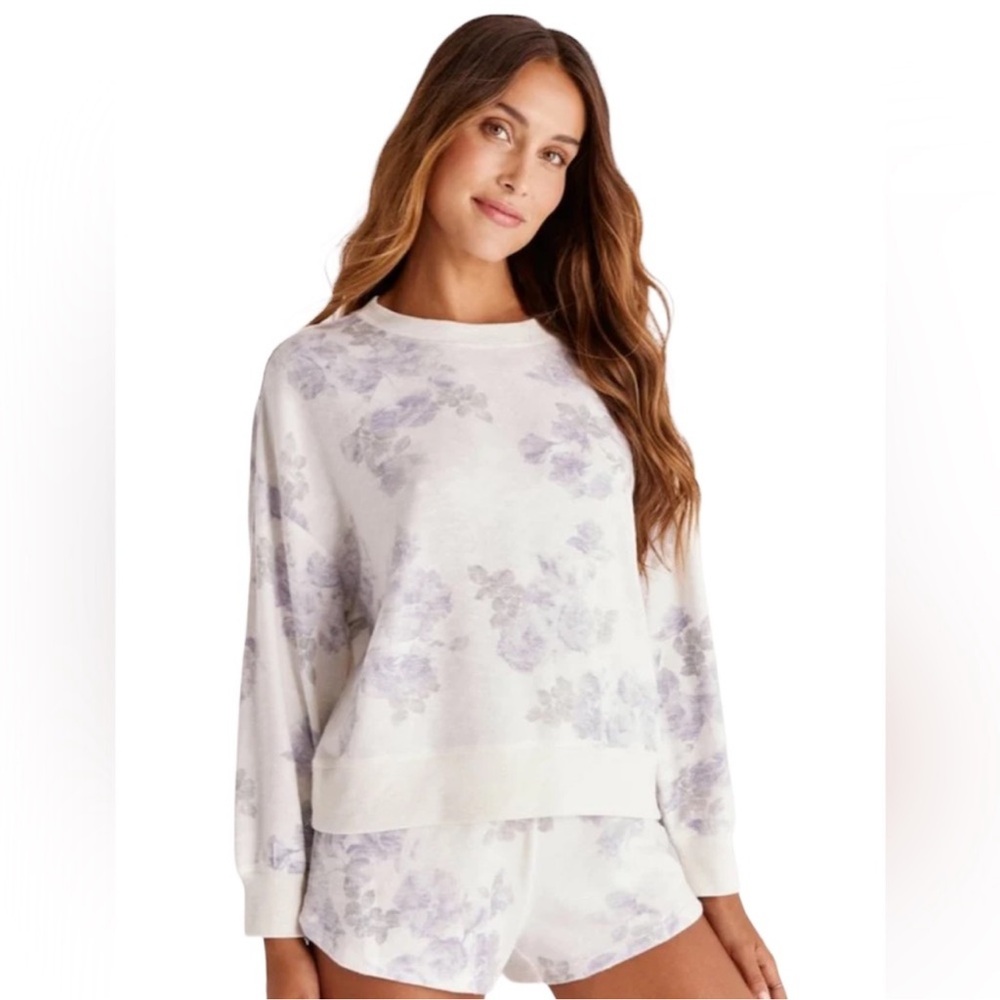 Z supply Elle floral long sleeve sweater lavender ash floral print white
